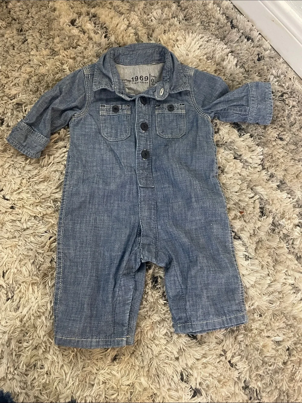 GAP Chambray Long-Sleeve Baby Romper - Blue